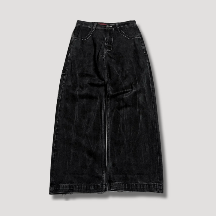 Schwarze Damenjeans | Baggy | Hohe Taille | Denim | Totenkopf | Robust-Luzern Mode