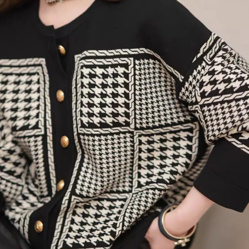 Damen Strickjacke mit Hahnentrittmuster und Knöpfen-Luzern Mode