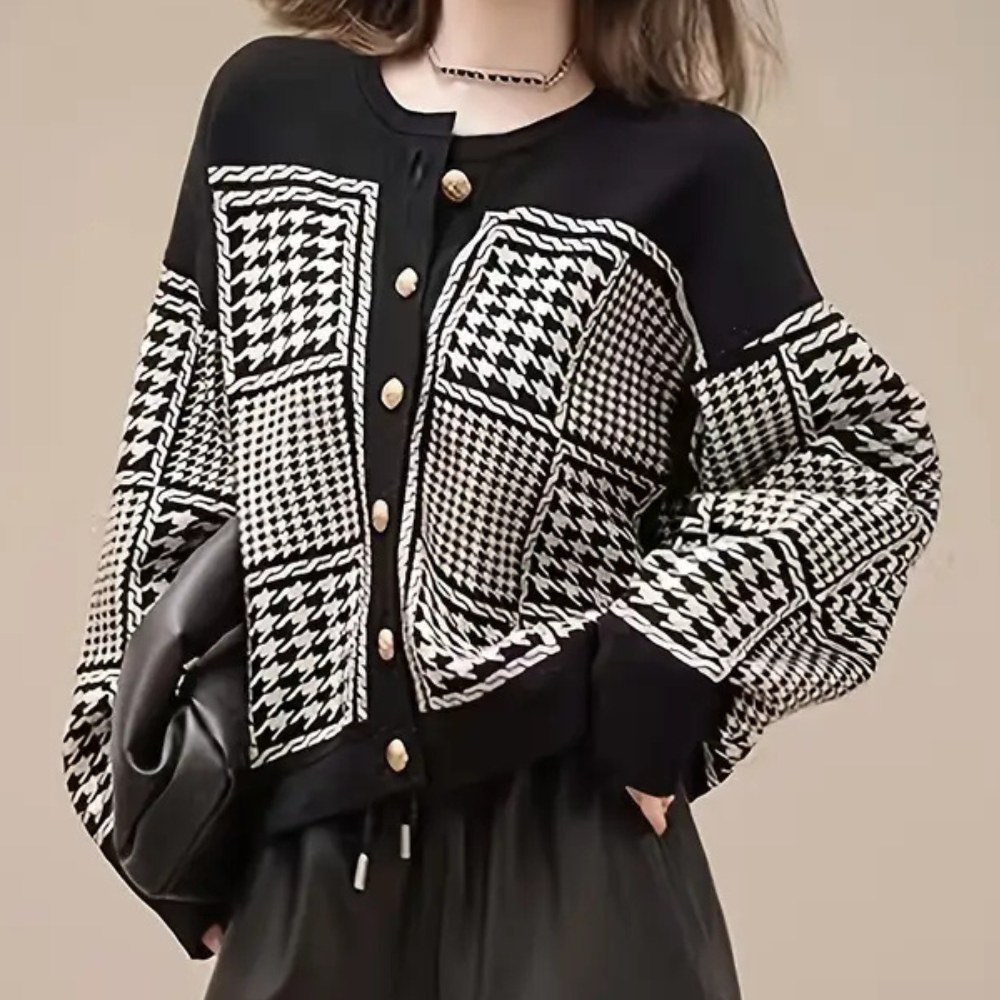 Damen Strickjacke mit Hahnentrittmuster und Knöpfen-Luzern Mode