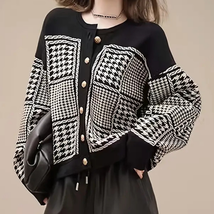 Damen Strickjacke mit Hahnentrittmuster und Knöpfen-Luzern Mode