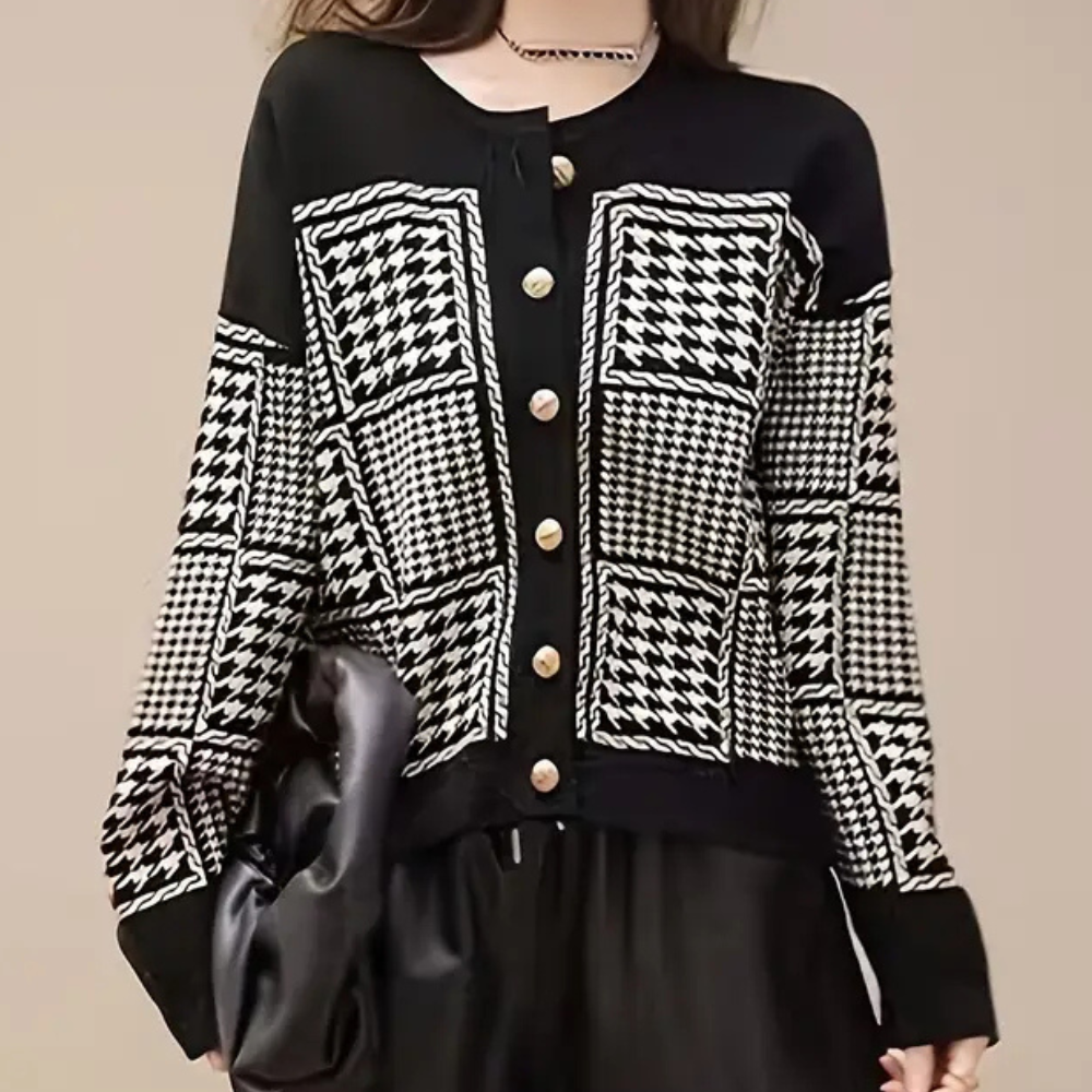 Damen Strickjacke mit Hahnentrittmuster und Knöpfen-Luzern Mode