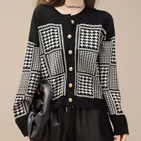 Damen Strickjacke mit Hahnentrittmuster und Knöpfen-Luzern Mode