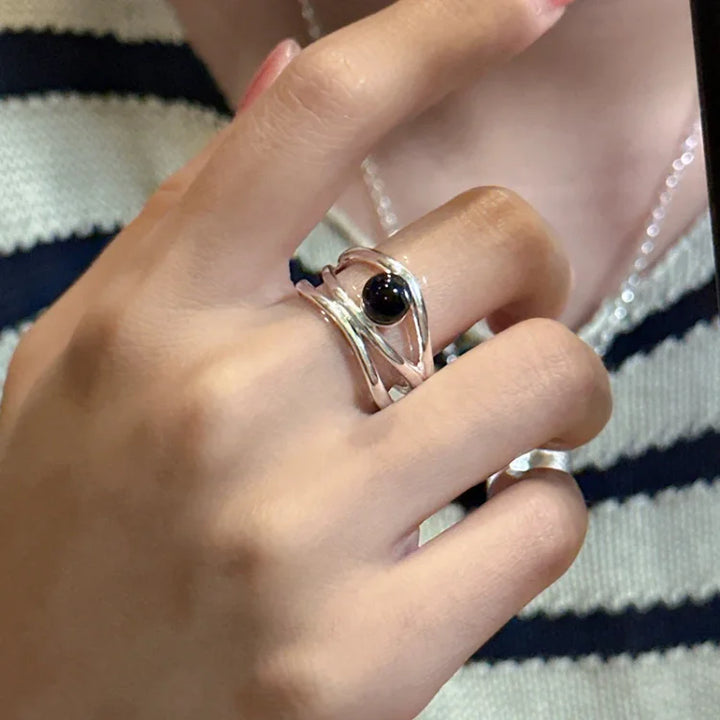 Silberner Ring | Schwarzer Onyx Linien Einzigartig Verstellbar Langlebig Stilvoll-Luzern Mode