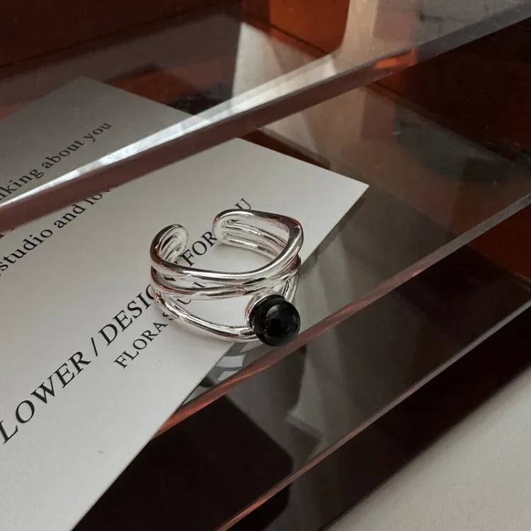 Silberner Ring | Schwarzer Onyx Linien Einzigartig Verstellbar Langlebig Stilvoll-Luzern Mode