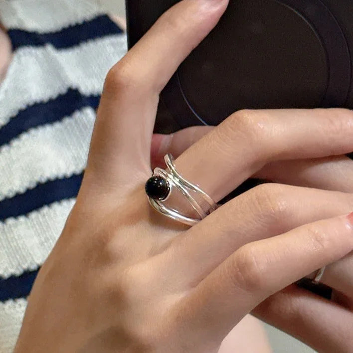 Silberner Ring | Schwarzer Onyx Linien Einzigartig Verstellbar Langlebig Stilvoll-Luzern Mode