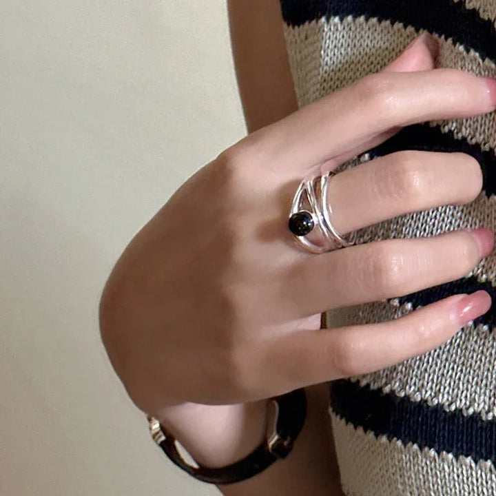 Silberner Ring | Schwarzer Onyx Linien Einzigartig Verstellbar Langlebig Stilvoll-Luzern Mode