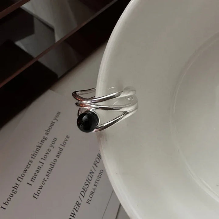 Silberner Ring | Schwarzer Onyx Linien Einzigartig Verstellbar Langlebig Stilvoll-Luzern Mode