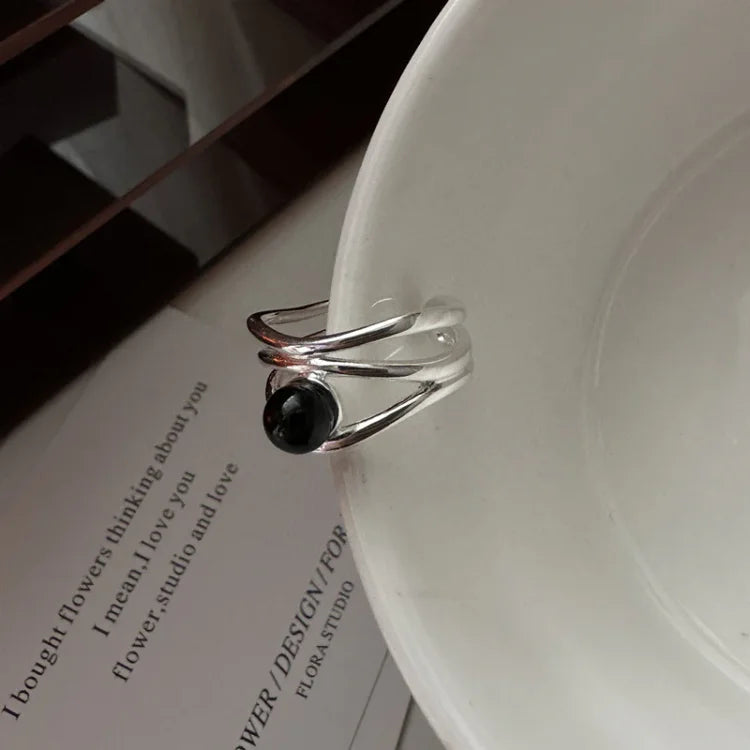 Silberner Ring | Schwarzer Onyx Linien Einzigartig Verstellbar Langlebig Stilvoll-Luzern Mode