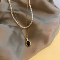 Damen-Kettenset | Schwarzer Onyx Perlen Langlebig Stilvoll Einzigartig 2-teilig-Luzern Mode