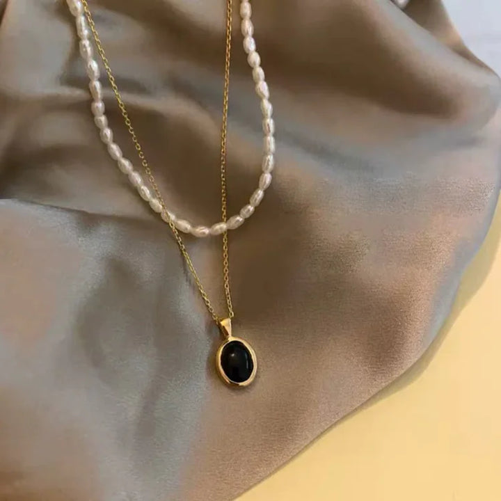 Damen-Kettenset | Schwarzer Onyx Perlen Langlebig Stilvoll Einzigartig 2-teilig-Luzern Mode