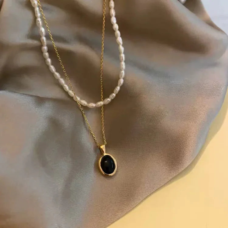 Damen-Kettenset | Schwarzer Onyx Perlen Langlebig Stilvoll Einzigartig 2-teilig-Luzern Mode