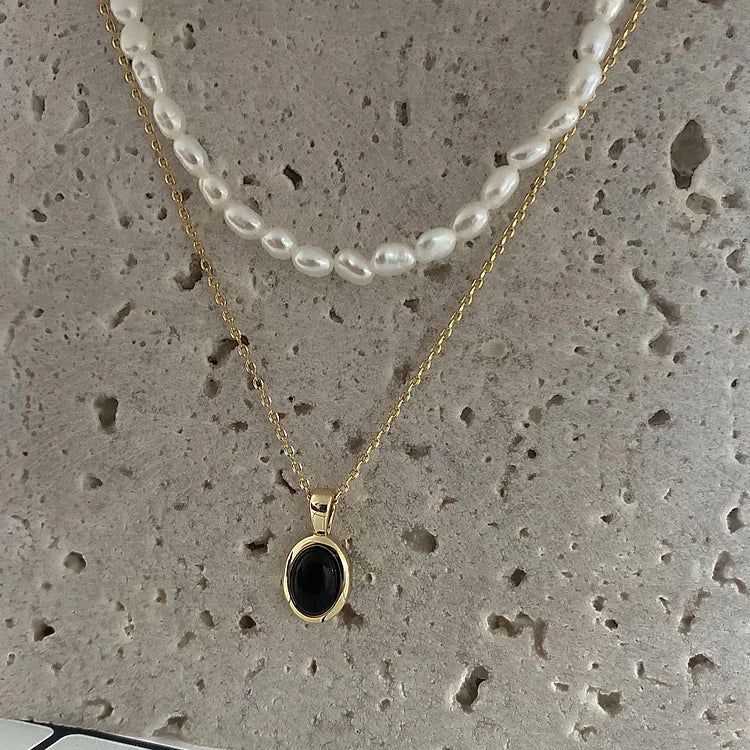 Damen-Kettenset | Schwarzer Onyx Perlen Langlebig Stilvoll Einzigartig 2-teilig-Luzern Mode