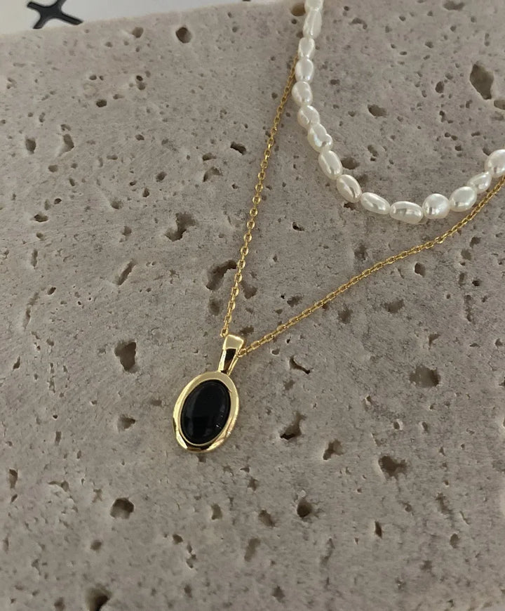 Damen-Kettenset | Schwarzer Onyx Perlen Langlebig Stilvoll Einzigartig 2-teilig-Luzern Mode