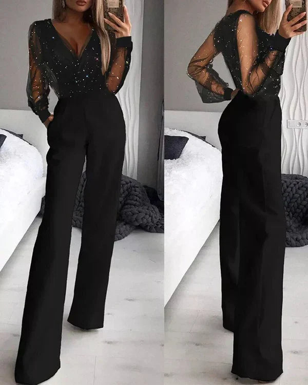 Schwarzer Damen Jumpsuit | Lange Ärmel | Offener Rücken | Glitzer | Locker sitzend-Luzern Mode