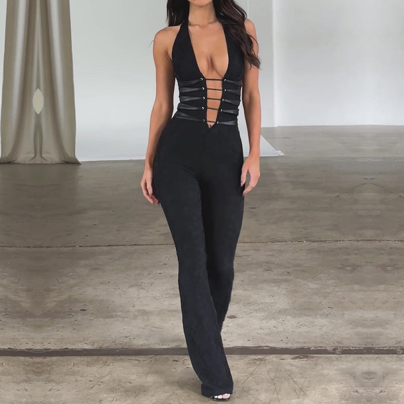 Schwarzer Jumpsuit | Transparant | LAce-Up | Ärmellos | Slim Fit-S-Luzern Mode
