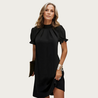 Schwarzes Midi Kleid | Puffärmel | Bodycon | Hoher Kragen | Fließender Rock-Luzern Mode