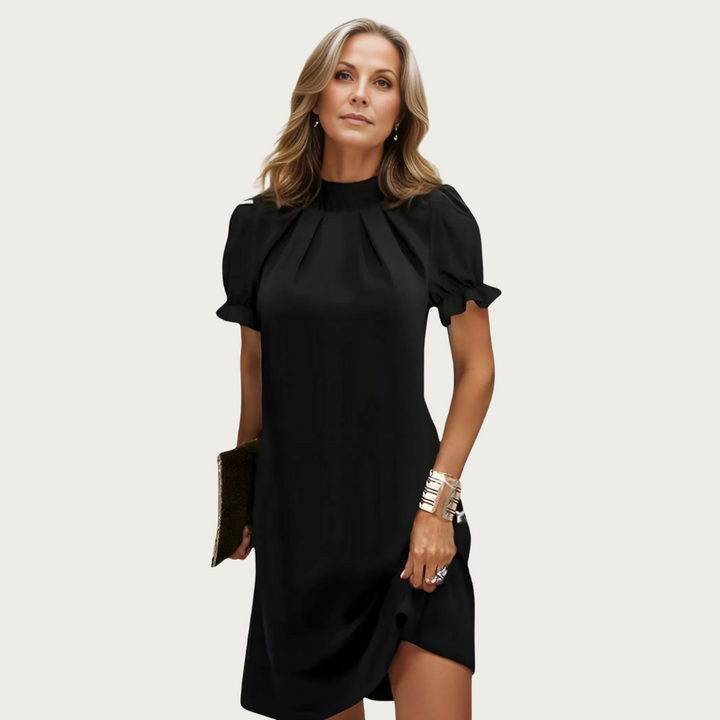 Schwarzes Midi Kleid | Puffärmel | Bodycon | Hoher Kragen | Fließender Rock-Luzern Mode