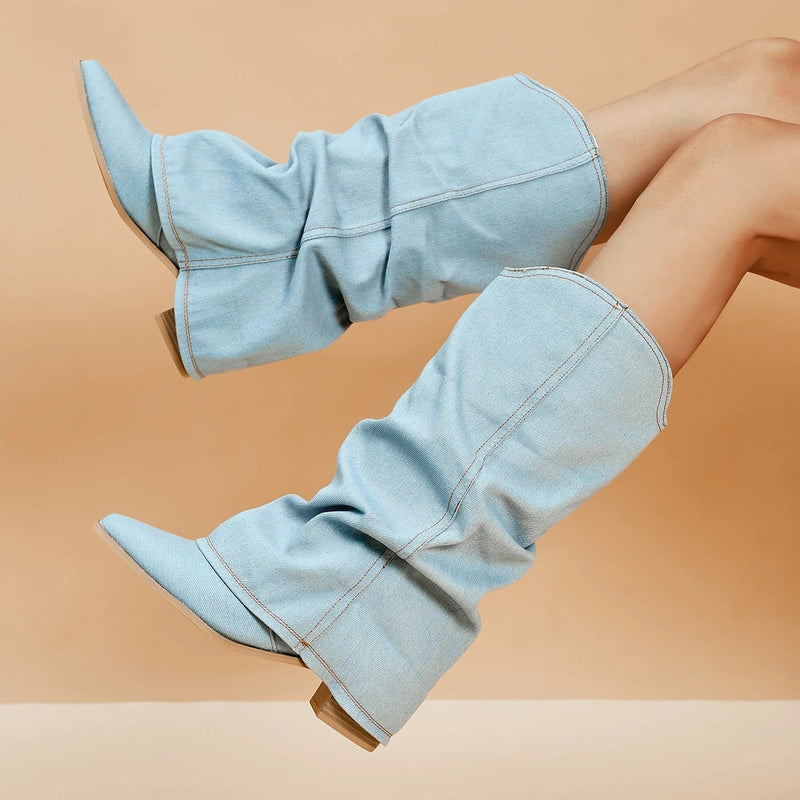 Damen Jeans Stiefel mit Absatz - Modische Westernstiefel-Luzern Mode