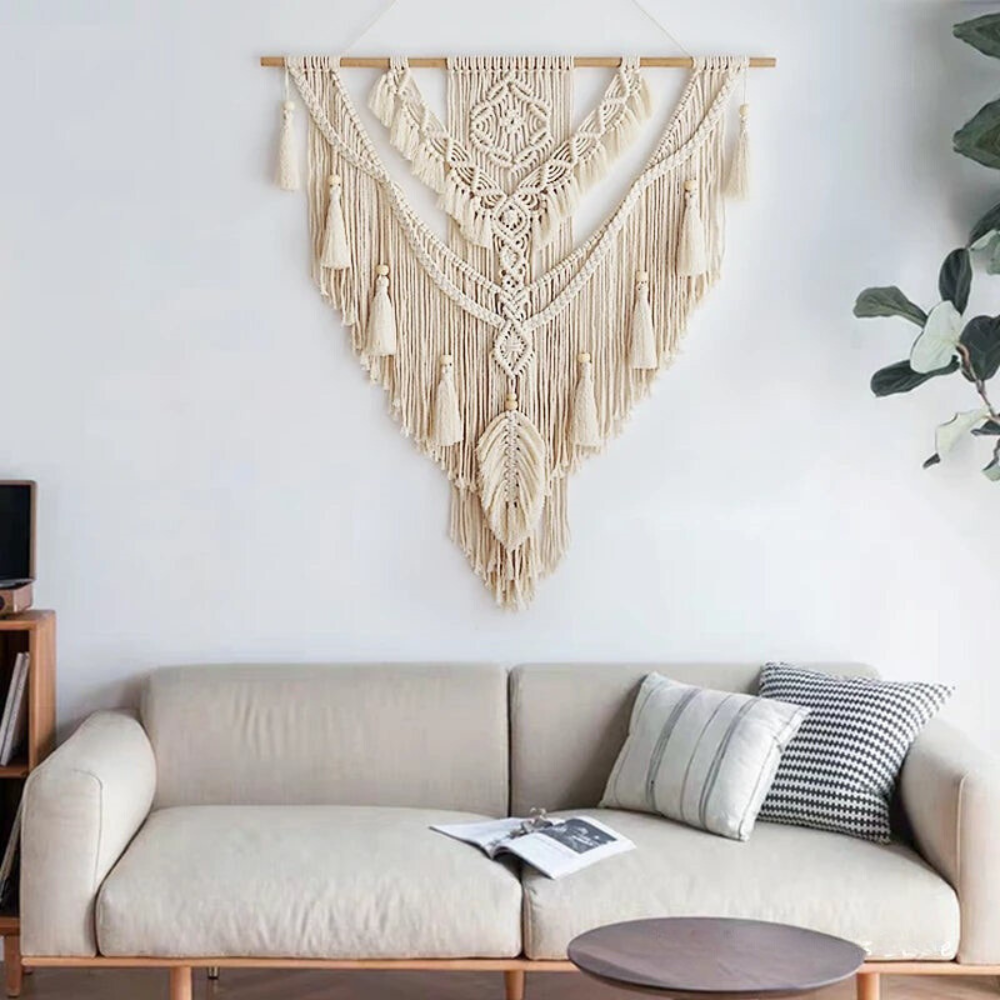 Makramee Wanddekoration | Handgeknüpft | Skandinavisch | Boho | Quasten-Beige-Luzern Mode