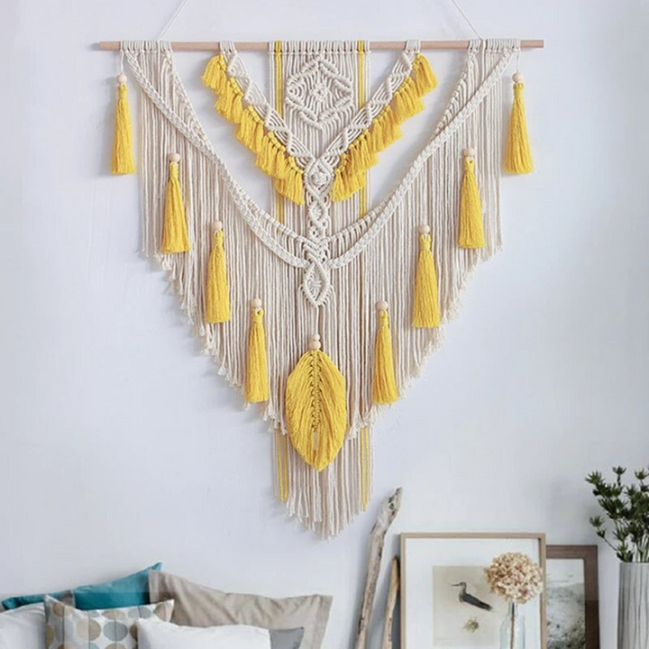 Makramee Wanddekoration | Handgeknüpft | Skandinavisch | Boho | Quasten-Gelb-Luzern Mode