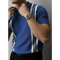 Herren Poloshirt | Reißverschluss | Kurzarm | Slim Fit | Baumwolle-Blau Gestreift-S-Luzern Mode