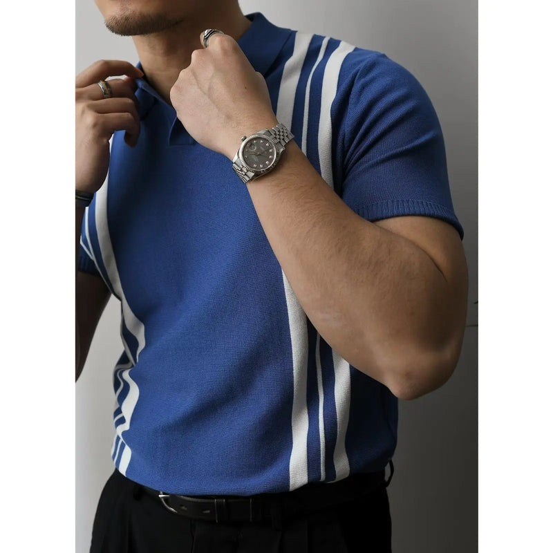 Herren Poloshirt | Reißverschluss | Kurzarm | Slim Fit | Baumwolle-Blau Gestreift-S-Luzern Mode