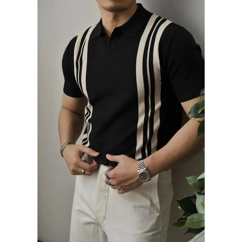 Herren Poloshirt | Reißverschluss | Kurzarm | Slim Fit | Baumwolle-Schwarz Gestreift-S-Luzern Mode