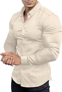 Muskel Fit Herrenhemd - Slim Fit Businesshemd Langarm-Beige-S-Luzern Mode