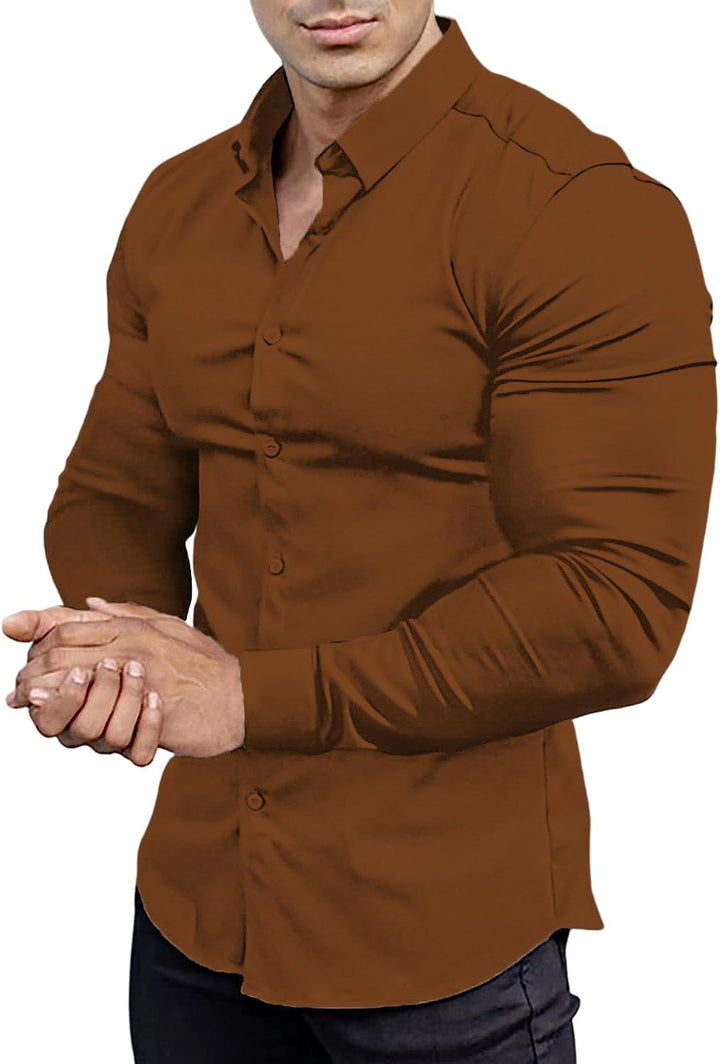 Muskel Fit Herrenhemd - Slim Fit Businesshemd Langarm-Braun-S-Luzern Mode