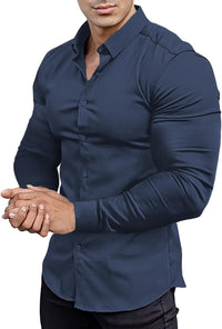 Muskel Fit Herrenhemd - Slim Fit Businesshemd Langarm-Dunkelblau-S-Luzern Mode
