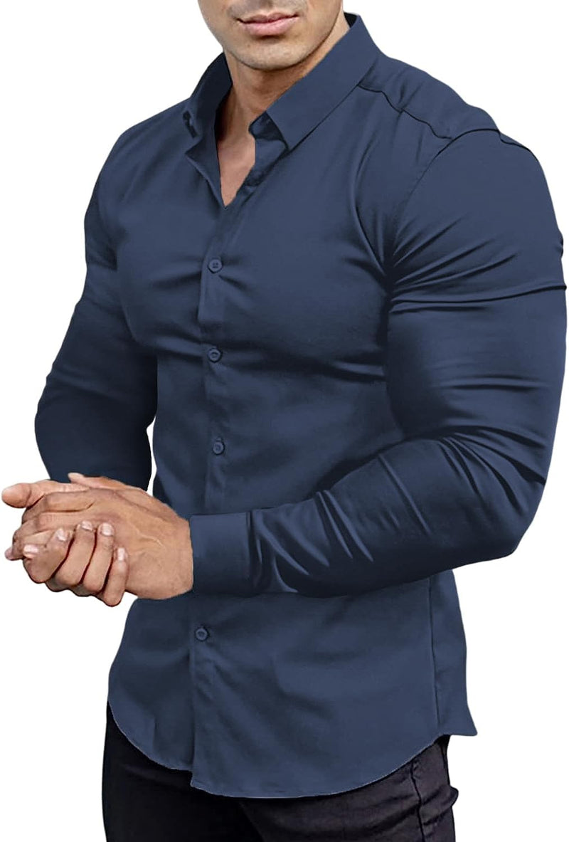 Muskel Fit Herrenhemd - Slim Fit Businesshemd Langarm-Dunkelblau-S-Luzern Mode