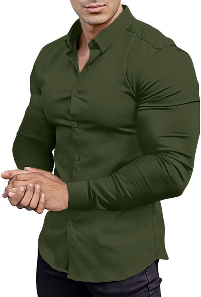 Muskel Fit Herrenhemd - Slim Fit Businesshemd Langarm-Dunkelgrün-S-Luzern Mode
