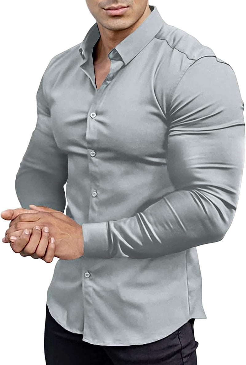 Muskel Fit Herrenhemd - Slim Fit Businesshemd Langarm-Grau-S-Luzern Mode