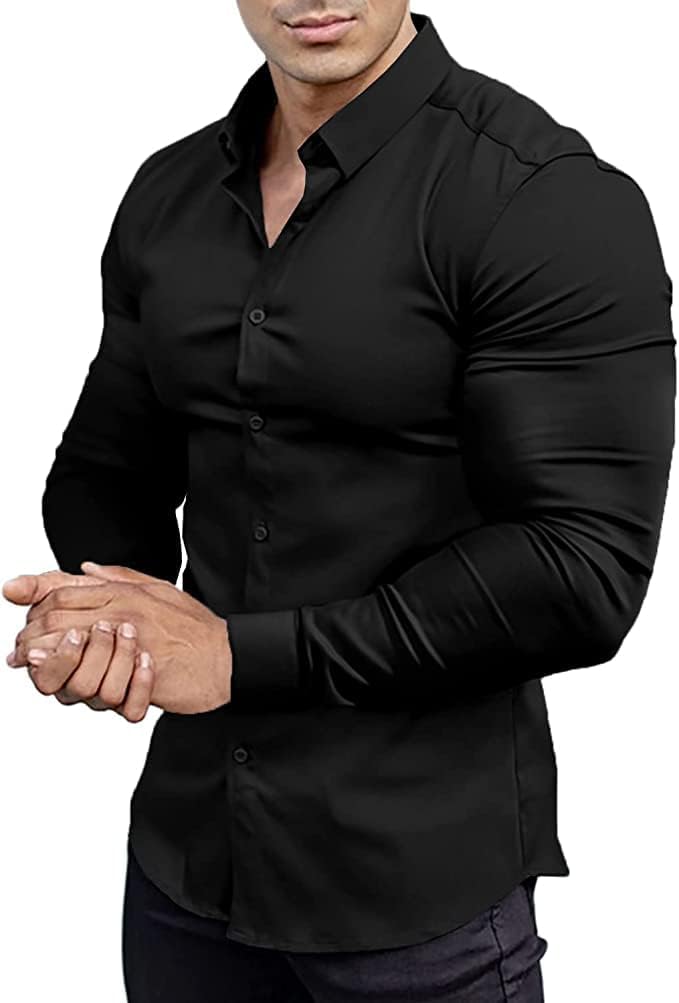 Muskel Fit Herrenhemd - Slim Fit Businesshemd Langarm-Schwarz-S-Luzern Mode