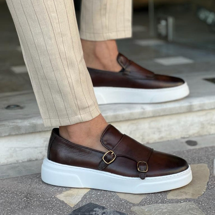 Herren Doppel-Monkstrap Schuhe mit Weißer Sohle-Braun-38-Luzern Mode