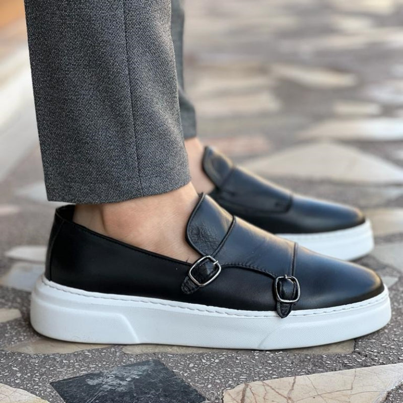 Herren Doppel-Monkstrap Schuhe mit Weißer Sohle-Schwarz-38-Luzern Mode