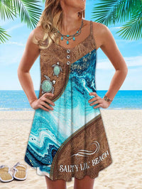 Sommer-Minikleid | Verspieltem Print | Ärmellos | Rundhals | Leicht-Schildkröte Hellblau-S-Luzern Mode