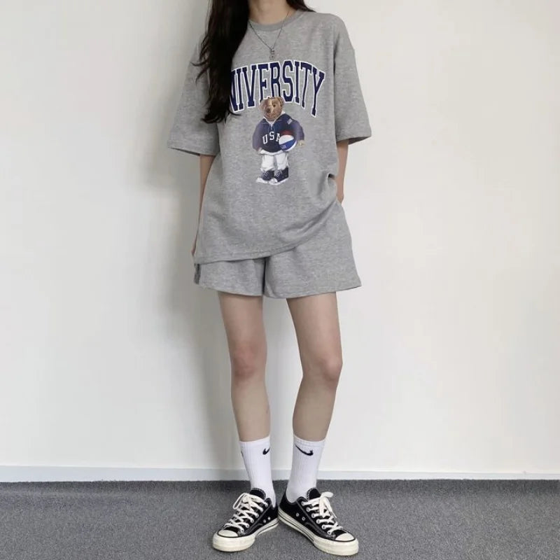 Weiche Baumwolle | lockerer Schnitt | zweiteiliges Set | Shirt mit Print | Shorts bequem-Luzern Mode