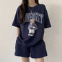 Weiche Baumwolle | lockerer Schnitt | zweiteiliges Set | Shirt mit Print | Shorts bequem-Marine-S-Luzern Mode