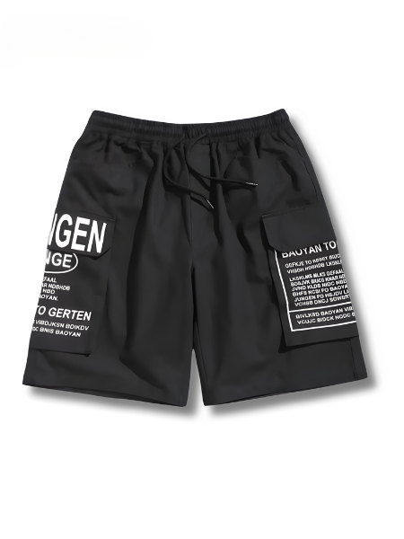 Herren Shorts Baumwolle | Lockerer Schnitt | Letter-Print | Gummibund mit Kordelzug | Taschen-Schwarz-S(46)-Luzern Mode