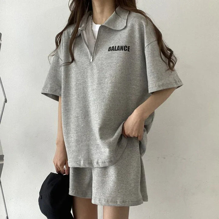 Atmungsaktives Zweiteiler-Set | lockere Passform | leichtes Shirt | Shorts mit Komfort-Grau-S-Luzern Mode