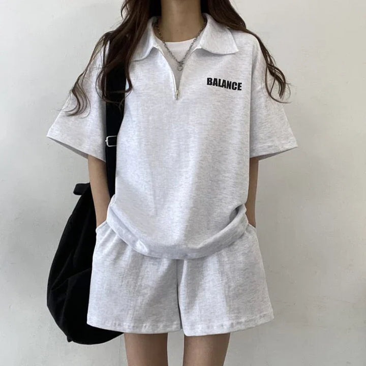 Atmungsaktives Zweiteiler-Set | lockere Passform | leichtes Shirt | Shorts mit Komfort-Hellgrau-S-Luzern Mode