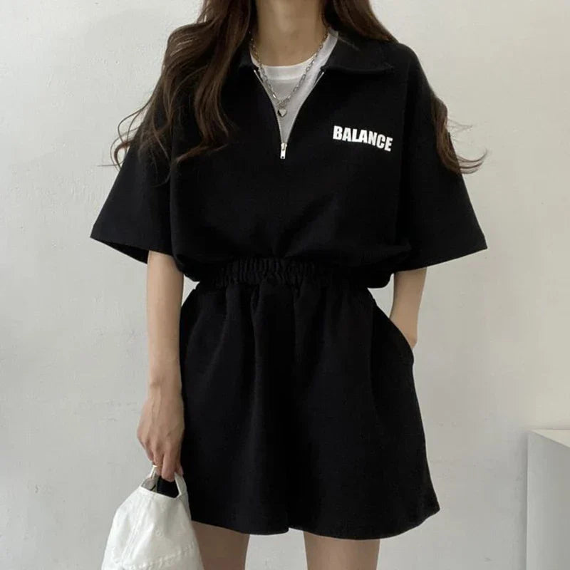 Atmungsaktives Zweiteiler-Set | lockere Passform | leichtes Shirt | Shorts mit Komfort-Schwarz-S-Luzern Mode