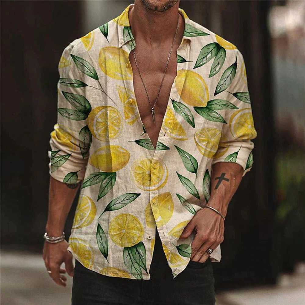Herren Sommerhemd | Zitronenprint | Leicht | Kurzarm | Luftig | Freizeit Outfit-S-Luzern Mode