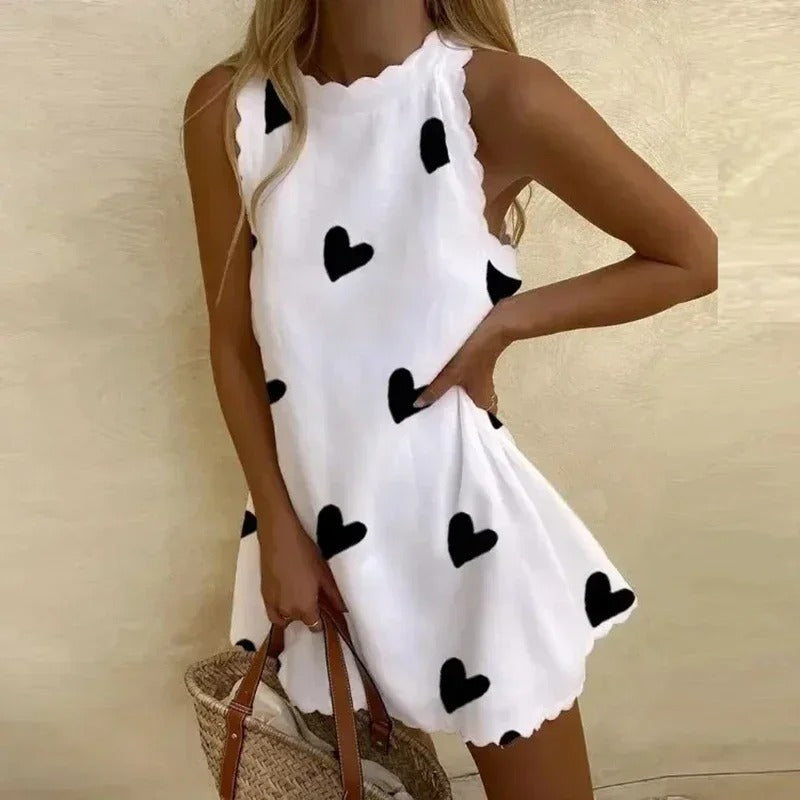 Ärmelloses Sommerkleid Damen mit Rundhals und Muster-Weiß (Herzchenprint)-S-Luzern Mode