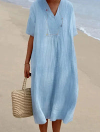 Leinen Sommerkleid Damen mit V-Ausschnitt und Strandtasche-Blau-S-Luzern Mode