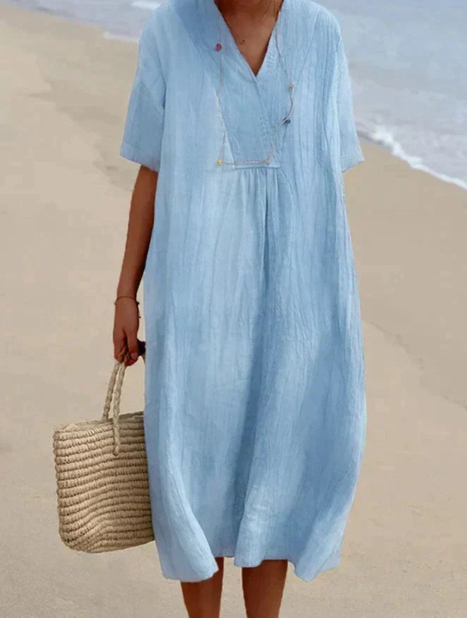 Leinen Sommerkleid Damen mit V-Ausschnitt und Strandtasche-Blau-S-Luzern Mode