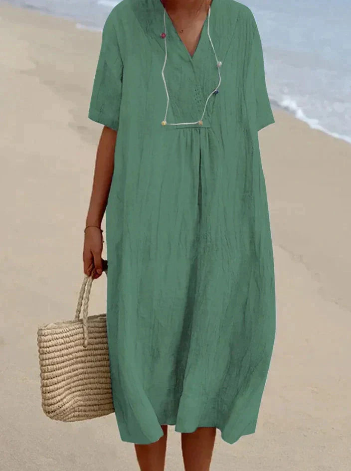 Leinen Sommerkleid Damen mit V-Ausschnitt und Strandtasche-Grün-S-Luzern Mode