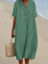 Leinen Sommerkleid Damen mit V-Ausschnitt und Strandtasche-Grün-S-Luzern Mode
