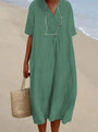 Leinen Sommerkleid Damen mit V-Ausschnitt und Strandtasche-Grün-S-Luzern Mode